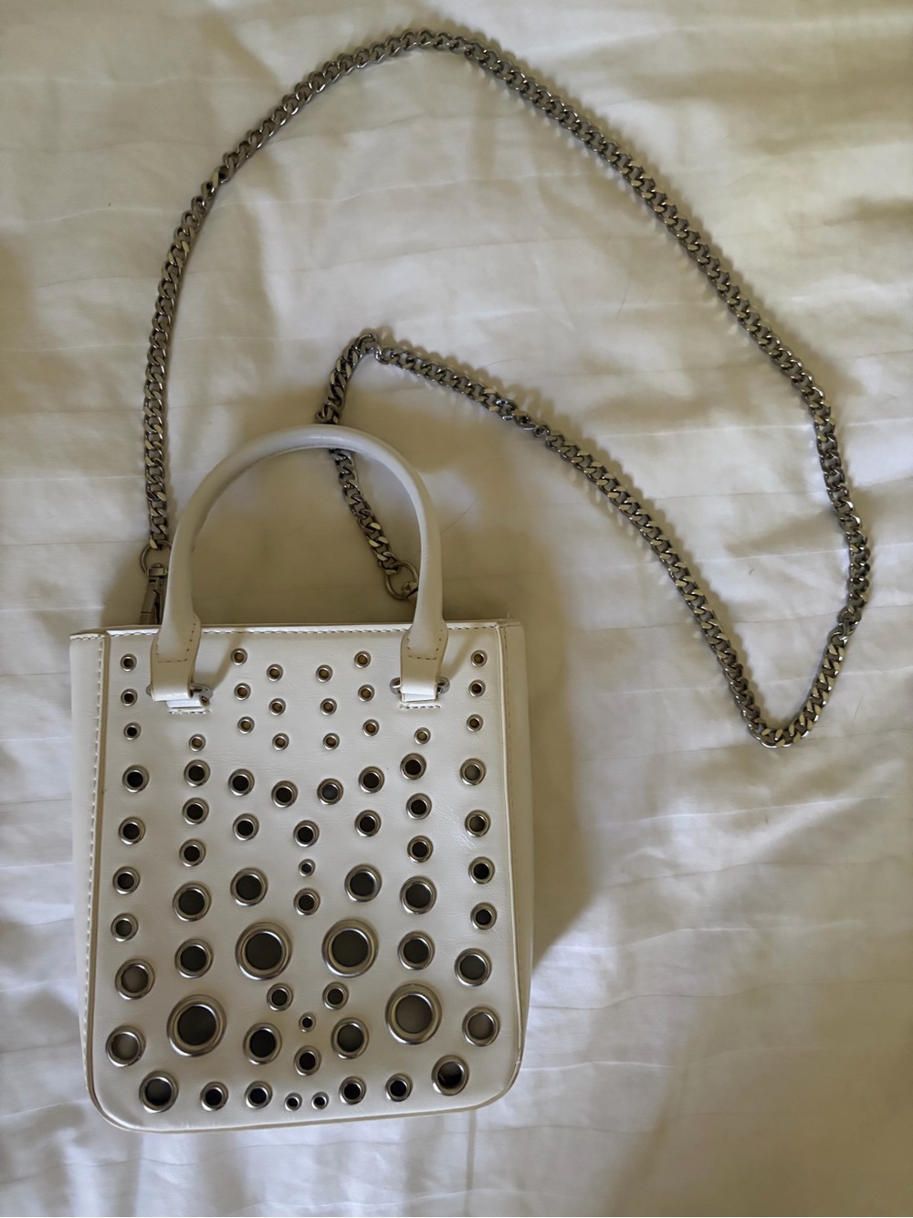 White Studded Eyelet Crossbody Tote Bag